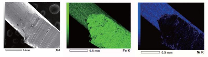 クリップ断面の走査型電子顕微鏡写真とその元素分析結果